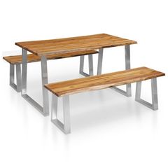 3 Piece Dining Set Solid Acacia Wood Brown