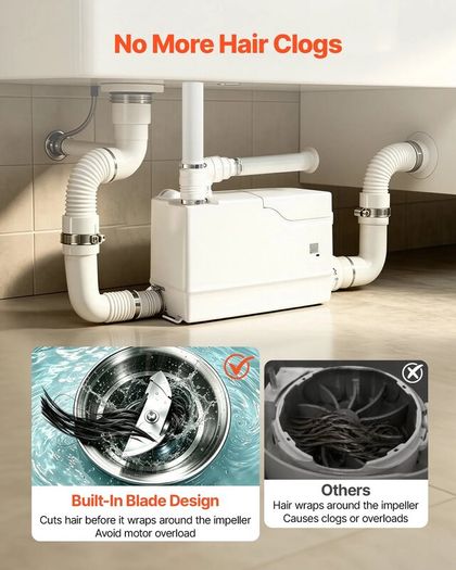 Utility Sink Pump 800W 12000L/h Flow 32.8 ft/10 m Head Macerator Pump, Waste Water Disposal Macerating Machine with 3 Inlets, for Basement, Kitchen, Sink, Shower, Bathtub, Laundry Gray Water