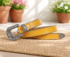 Unisex Premium Yellow Genuine Leather Belt Vintage Engraved Silver Buckle