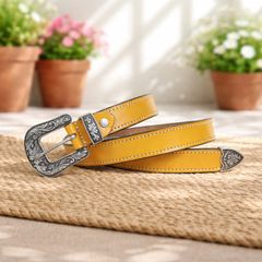 Unisex Premium Yellow Genuine Leather Belt Vintage Engraved Silver Buckle
