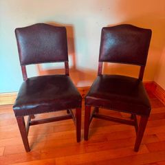 Pair of Vintage Solid Oak & Leather Chairs