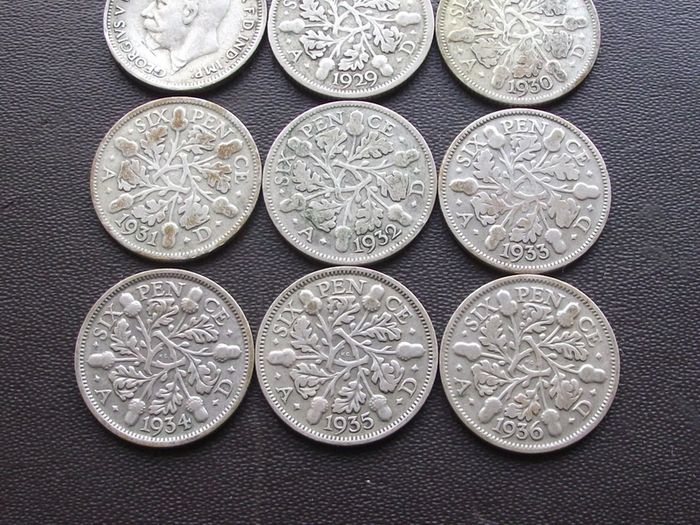Great Britain. George V. 9 Silver@6 pence Run of the years (1928-1936)