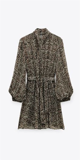 ZARA green brown animal snake print Balloon Sleeves Dress With Belt Size S