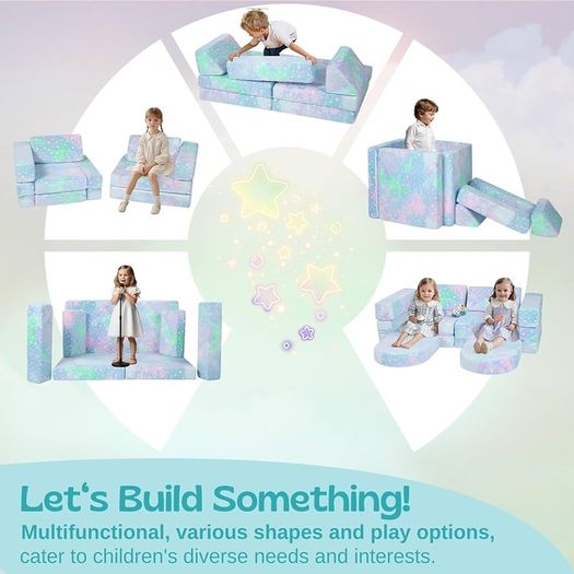 10-Piece Kids Play Sofa, Modular Toddler Chair Couch for Playroom, Fold Out Play Set for Girl Boy, Convertible Sectional Foam Playset, Colorful Star