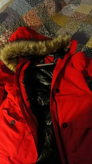 Womens Jacobs Faux Fur Parka Coat Red