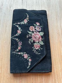 Vintage Black Clutch Purse / Evening Bag with Petite Point Flowers