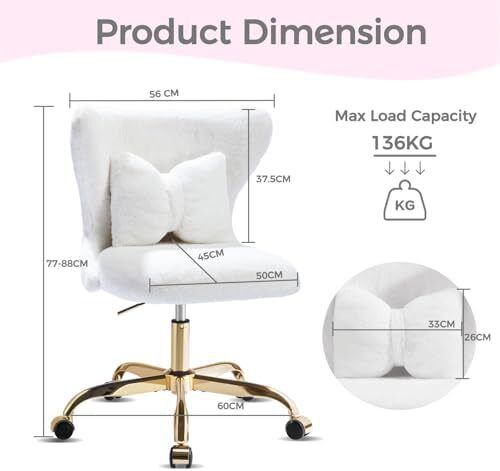 Vanity Chair with Gold Wheels & Bow Pillow, girl's office chair