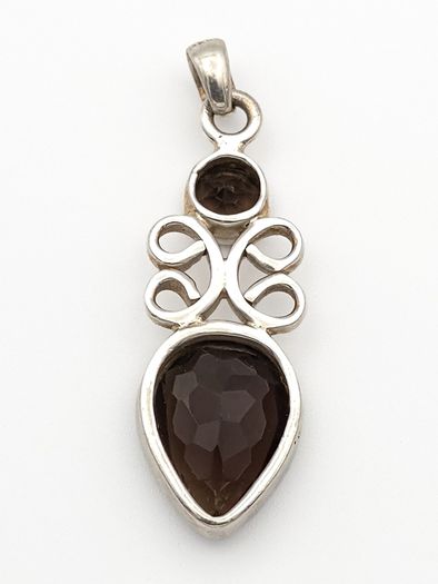 Vintage 925 Sterling Silver & Smoky Quartz Teardrop Scrollwork Pendant