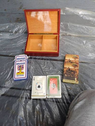 Vintage Wooden Card Box / Powers Irish Whiskey & Piatnik Twin Deck Set