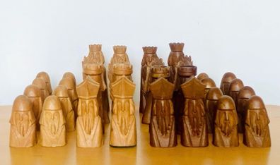 Mid Century hand carved beechwood chess set