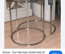 Harrison Nickel and Glass Nest of Tables Harrison Nickel and Glass Nest of Tables   Add a bespoke focal point to your living room, with these beautiful Nickel and Glass Nest of tables.   Dimensions:   Small Table: Diameter 40cm Height 45cm   Large Table: