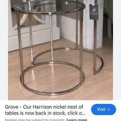 Harrison Nickel and Glass Nest of Tables Harrison Nickel and Glass Nest of Tables   Add a bespoke focal point to your living room, with these beautiful Nickel and Glass Nest of tables.   Dimensions:   Small Table: Diameter 40cm Height 45cm   Large Table: