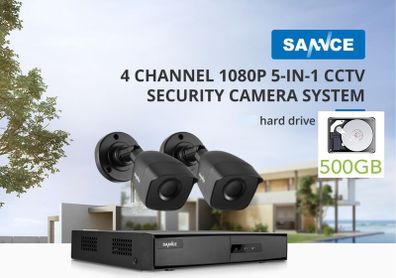 SANNCE Security Camera System, 4 Channel 1080N H.264+ Hybrid DVR Recorder with 500GB HDD + 2 x 1080P HD Outdoor Weatherproof Bullet.