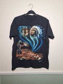 Vintage Wild T Shirt American Indian Wolf Camp Fire Print Front And Back Size Medium