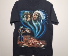 Vintage Wild T Shirt American Indian Wolf Camp Fire Print Front And Back Size Medium