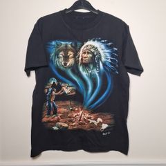 Vintage Wild T Shirt American Indian Wolf Camp Fire Print Front And Back Size Medium