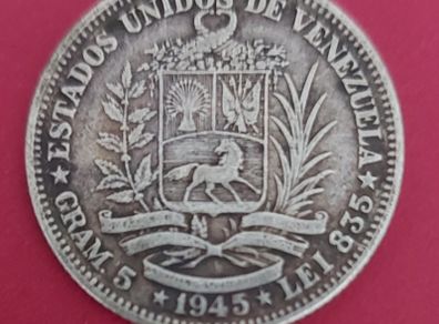 VENEZUELA 1945 Half Bolivar Sterling Silver Coin