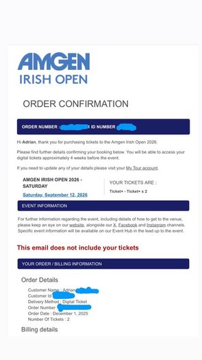 Saturday Amgen Irish Open Ticket+ Tickets x2