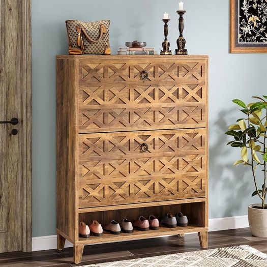 Vintage Brown Shoe Cabinet with 2 Folding Drawers, Freestanding Shoe Storage Organiser for Hallway, Entryway & Home