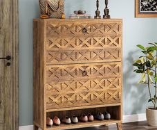 Vintage Brown Shoe Cabinet with 2 Folding Drawers, Freestanding Shoe Storage Organiser for Hallway, Entryway & Home