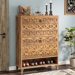 Vintage Brown Shoe Cabinet with 2 Folding Drawers, Freestanding Shoe Storage Organiser for Hallway, Entryway & Home