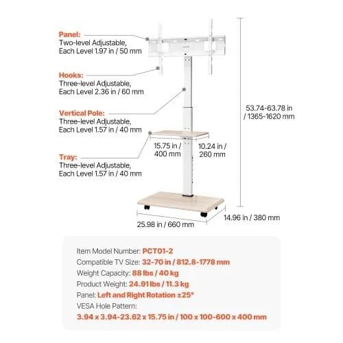 Rolling TV Stand, Mobile TV Cart for 32-70 Inch Screens, 25 Left-Right Rotation and Height Adjustable TV Mount with Tray, Holds up to 88 lbs for Corner, Bedroom, Outdoor, Max VESA 600x400mm