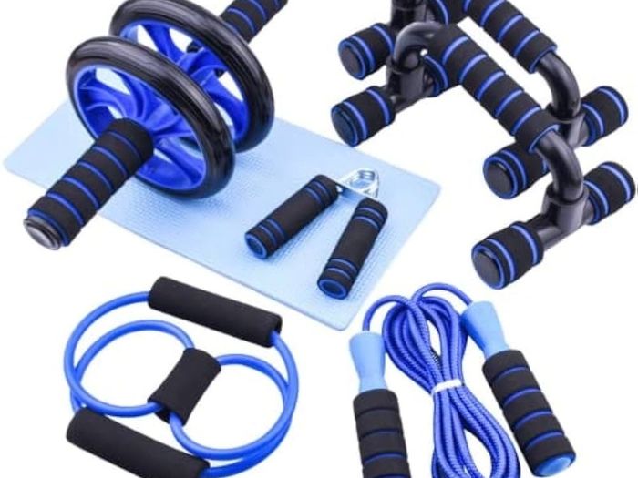 NEW SALE | 7-IN-1 Ab Roller Wheel Set With, 2 Push-up Bars, Resistance Band, Skipping Rope, Hand Grip And Knee Pad, Fitness Workout At Home Gym