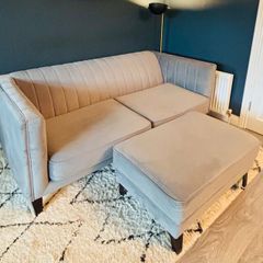 Grey Velvet 3 Seater Sofa + Matching Footstool