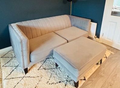 Grey Velvet 3 Seater Sofa + Matching Footstool