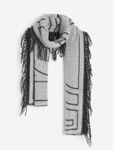 Fringe-trimmed scarf patterned grey