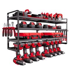 Power Tool Organizer Wall Mount, 4-Layer Storage Rack with 8 Drill Holders, Tools Holder and Storage Rack with Screwdriver Holder, Garage Tool Organizer for Garage, Workbench, and Workshop