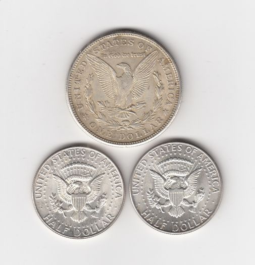 U.S.A. 1921 Morgan Dollar 90% silver coin & 2 X 1964 Kennedy 90% silver coins ( No : G41)