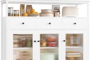White Sideboard Storage Cabinet Kitchen Sideboard Buffet Cabinet with 3 Glass Doors 3 Drawers and Adjustable Shelves for Living Room Dining Room, Metal Frame 108x38x98.5cm