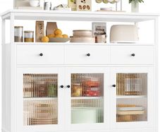 White Sideboard Storage Cabinet Kitchen Sideboard Buffet Cabinet with 3 Glass Doors 3 Drawers and Adjustable Shelves for Living Room Dining Room, Metal Frame 108x38x98.5cm
