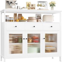 White Sideboard Storage Cabinet Kitchen Sideboard Buffet Cabinet with 3 Glass Doors 3 Drawers and Adjustable Shelves for Living Room Dining Room, Metal Frame 108x38x98.5cm