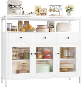 White Sideboard Storage Cabinet Kitchen Sideboard Buffet Cabinet with 3 Glass Doors 3 Drawers and Adjustable Shelves for Living Room Dining Room, Metal Frame 108x38x98.5cm