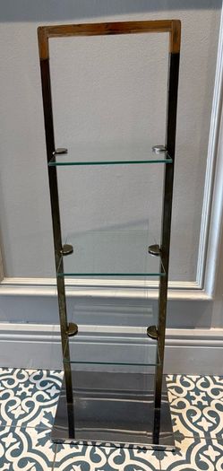 Vintage Mid-Century 4-Tier Brass & Glass Etagere Shelf Unit with Wooden Handle Accent