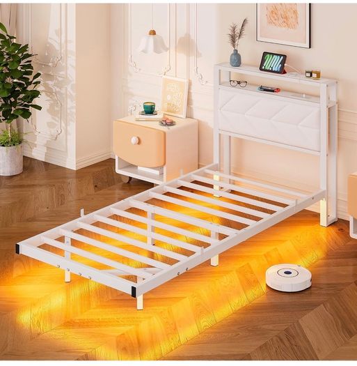 ingle Floating Upholstered Bed Frame with Storage Headboard, White Metal Bed Frame with LED Lights and Charging Station, Heavy Duty Metal Slat Support, Noise Free, No Box Spring Needed