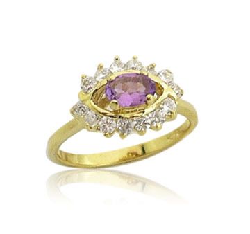18K Gold over Stg Silver Amethyst CZ Diamond Engagement Graduation Ring