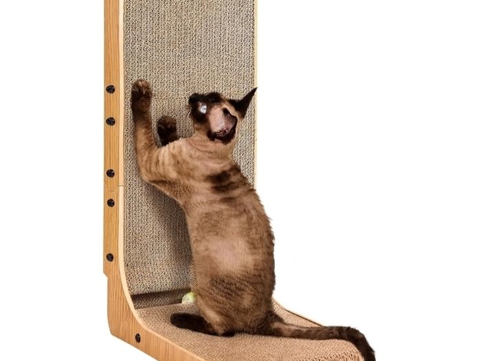 L Shape Vertical Cat Scratcher with Ball Toy, 68cm High, Brown  Stand Up Cardboard Cat Scratcher, Scratching Board for Indoor Cats, Protecting Furniture Scratch Pad