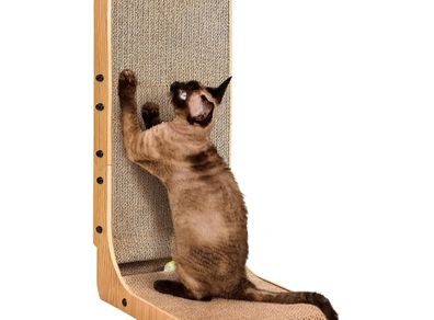 L Shape Vertical Cat Scratcher with Ball Toy, 68cm High, Brown  Stand Up Cardboard Cat Scratcher, Scratching Board for Indoor Cats, Protecting Furniture Scratch Pad