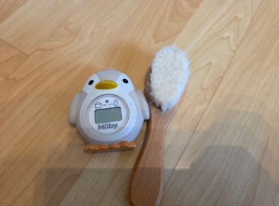 Nuby Penguin Digital Bath/Room Thermometer & Soft Goat Hair Wooden Baby Brush