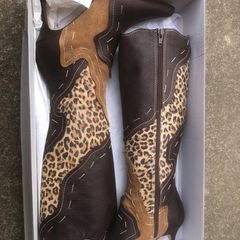 Vicki Beth Brown Animal Print Heeled Boots Pointed Toe Mid Heel UK 4 EU 37