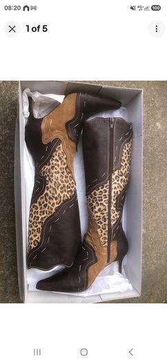 Vicki Beth Brown Animal Print Heeled Boots Pointed Toe Mid Heel UK 4 EU 37