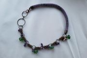 Handmade beaded rope and copper necklace. chaimalle,  purple and green, aventurine and jade