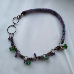 Handmade beaded rope and copper necklace. chaimalle,  purple and green, aventurine and jade