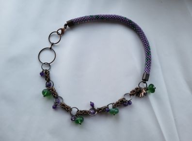 Handmade beaded rope and copper necklace. chaimalle,  purple and green, aventurine and jade
