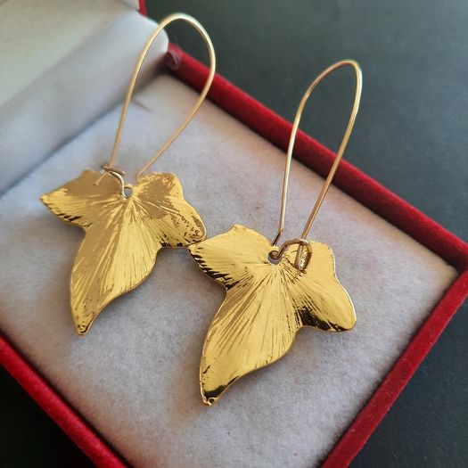 Green Ivy Leaf Earrings, Enameled Botanical Drop Earrings, Nature Inspired Jewelry, Gold Tone Leaf Dangle Earrings