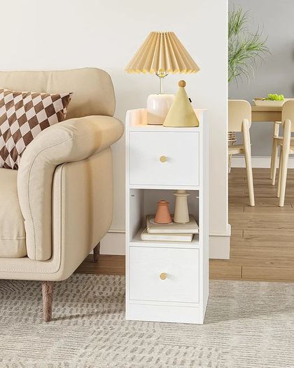 Slim Bedside Tables Set of 2, Narrow Side Table with 2 Drawers, Bedside Cabinet with Open Compartment, Adjustable Drawer Position for Bedroom, Living Room, 30 x 24 x 65 cm White