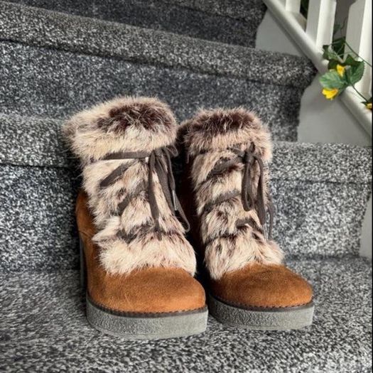 Premoli Brown Suede Fur Trim Chunky Heel Ankle Boots Size 38/UK 5